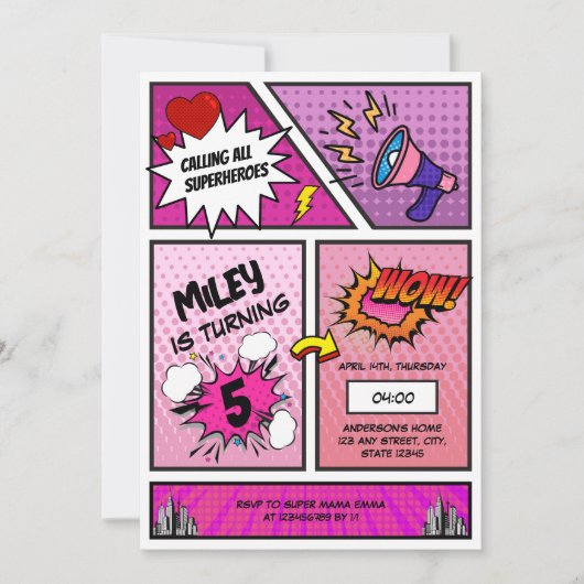 Comic Book Superhero Einzigartiges Mädchen Geburts Einladung (Vorderseite)