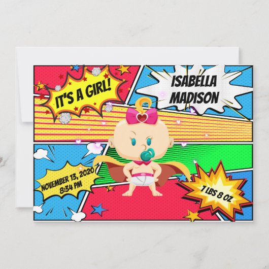 Comic Book Superhero Girl Ankündigung zur Geburt (Vorderseite)