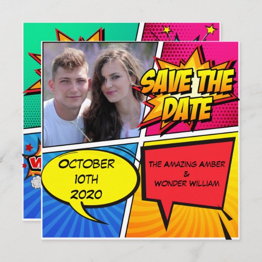Comic Book Superhero Save the Date (Vorne/Hinten)