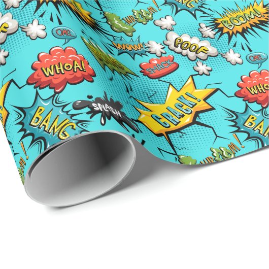 Comic Book Theme Aquamarin Wrapping Paper Geschenkpapier (Rolleneckpunkt)