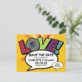 Comic Book Theme Wedding Save the Date Ankündigungspostkarte (Stehend Vorderseite)