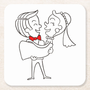 Comic Braut & Bräutigam Tanzende Hochzeit Gerade V Rechteckiger Pappuntersetzer