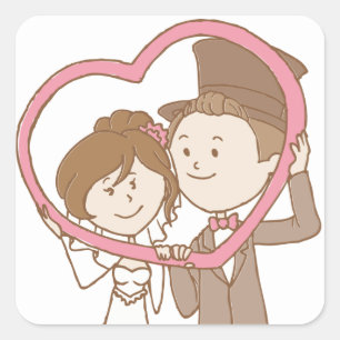 Comic-Braut und -Bräutigam Braune und rosa Hochzei Quadratischer Aufkleber