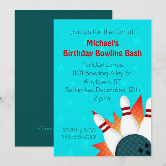 Comic-Buch-Illustrations-Bowlings-Party Einladung (Vorne/Hinten)