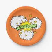 Comic Buch KABOOM! auf orangefarbenem Hintergrund Pappteller (Vorderseite)