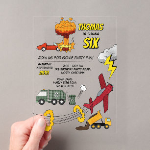 Comic-Buch-LKW-Autos-Fahrzeuge-Flugzeuge-Geburtsta Acryleinladungen