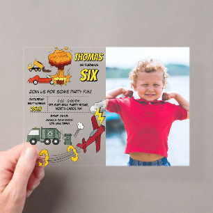 Comic-Buch-LKW-Autos-Fahrzeuge-Flugzeuge-Geburtsta Acryleinladungen