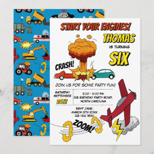 Comic-Buch-LKW-Autos-Fahrzeuge-Flugzeuge-Geburtsta Einladung