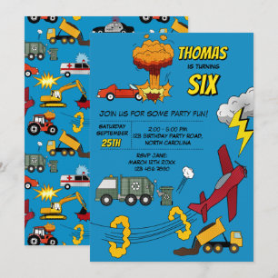 Comic-Buch-LKW-Autos-Fahrzeuge-Flugzeuge-Geburtsta Einladung