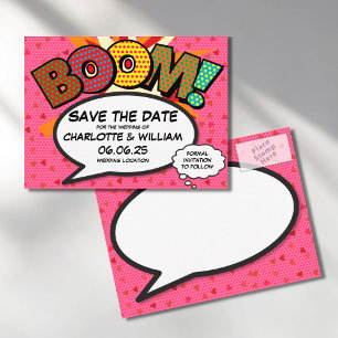Comic Buch Pop Art BOOM Save the Date Ankündigungspostkarte