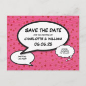 Comic Buch Save the Date Rosa Herzen Ankündigungspostkarte (Rückseite)
