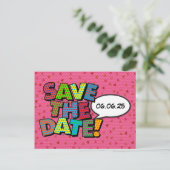 Comic Buch Save the Date Rosa Herzen Ankündigungspostkarte (Stehend Vorderseite)