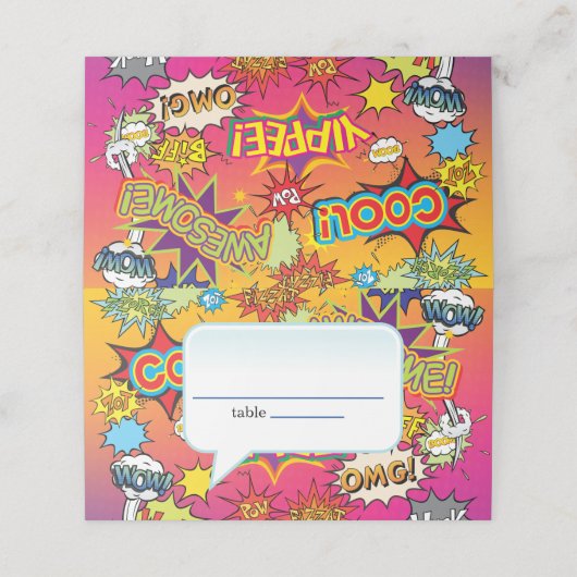 COMIC BUCH SPEECH BUBBLE GEEK NERD WEDD PLATZKARTE (Außenseite Aufgefaltet)