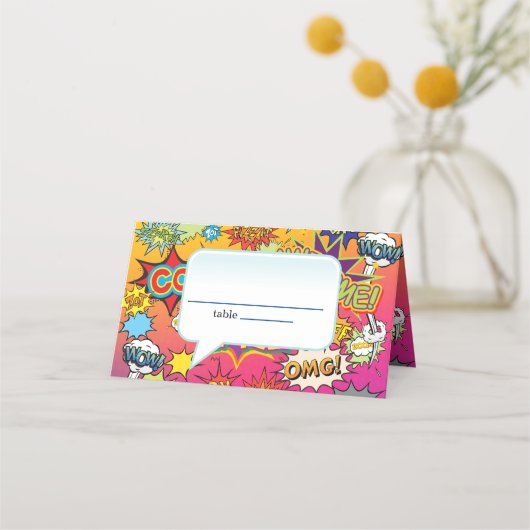 COMIC BUCH SPEECH BUBBLE GEEK NERD WEDD PLATZKARTE (Vorderseite)