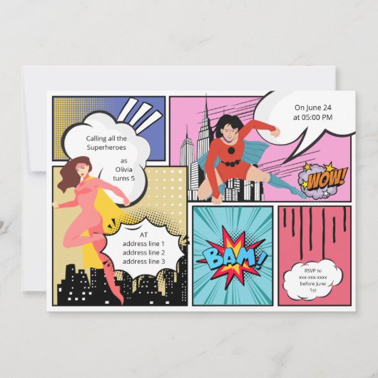 Comic Buch Superheldin Geburtstag Einladung (Vorderseite)