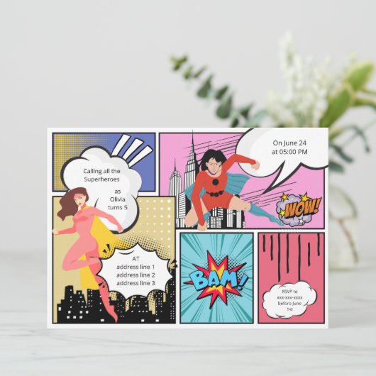 Comic Buch Superheldin Geburtstag Einladung (Stehend Vorderseite)