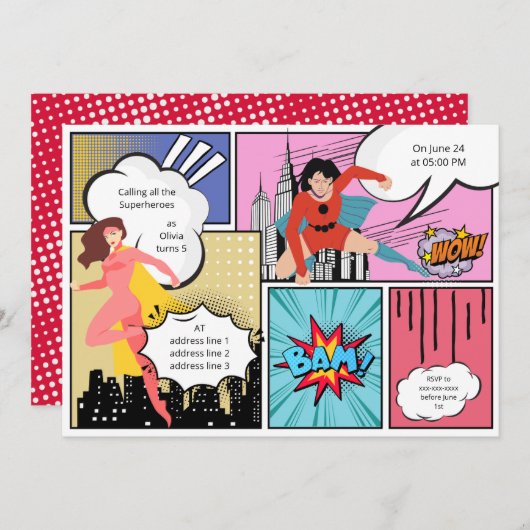 Comic Buch Superheldin Geburtstag Einladung (Vorne/Hinten)