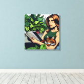 Comic Buchstil Frau, Katze und Buch Leinwanddruck (Insitu (Holzboden))