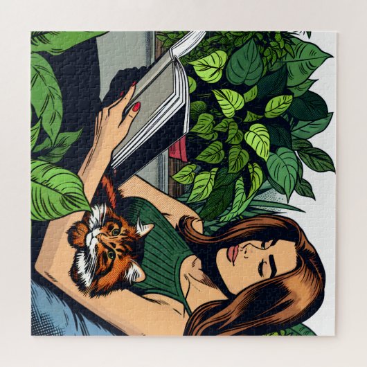 Comic Buchstil Frau, Katze und Buch Puzzle (Horizontal)