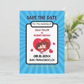 Comic-Buchstil Save the Date personalisiert Einladung (Stehend Vorderseite)