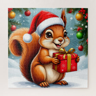 Comic-Eichhörnchen mit Weihnachtsgeschenk Familien Puzzle