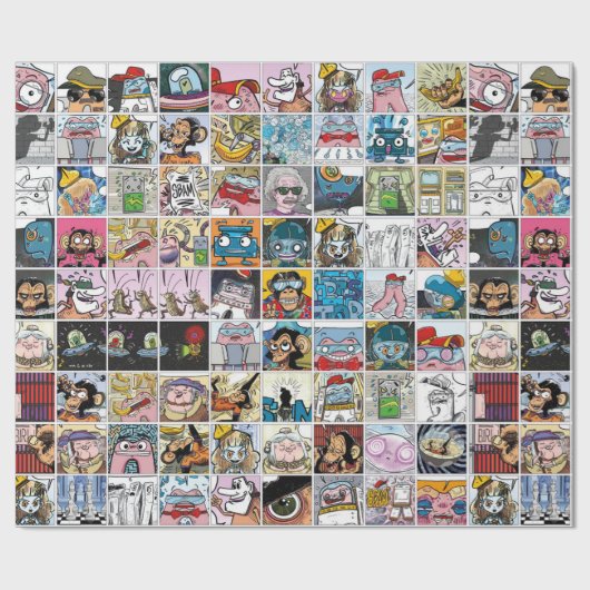 Comic Farbenfrohe Fun Characters Grid Pattern Part Geschenkpapier (Flach)