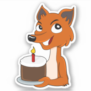 Comic-Fuchs mit Geburtstagskuchen - Vinyl-Aufklebe Aufkleber