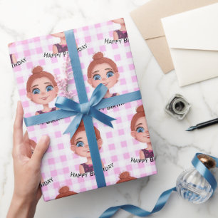 Comic-Geburtstagsmädchen mit großen Augen Geschenkpapier