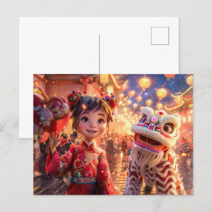 Comic Girl in Dragon Kostüm für chinesisches Neuja Feiertagspostkarte