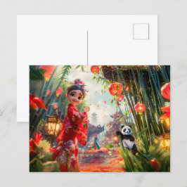 Comic Girl mit Panda im Bambuswald Feiertagspostkarte