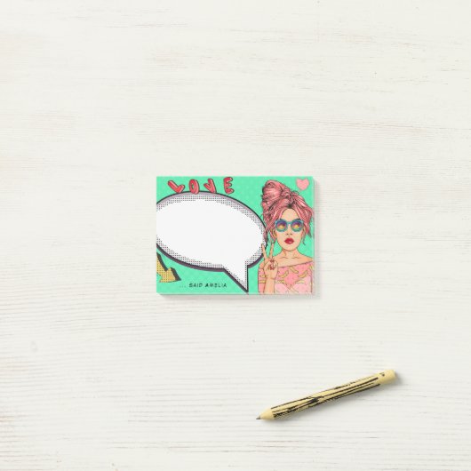 Comic Girl Pop Art Speech Blase Cool Personalisier Post-it Klebezettel (Auf Schreibtisch)
