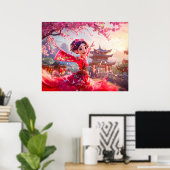 Comic Girl Tanzen mit Kirschblüten im März Poster (Heimbüro)