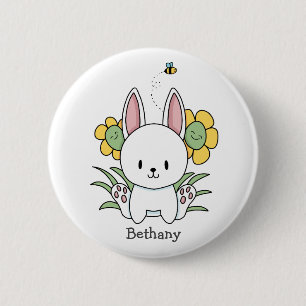 Comic-Hase mit lustigen Blumen Button