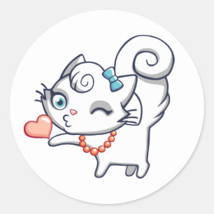 Comic-Kätzchen Weiße Katze Liebe Süße Katze Runder Aufkleber