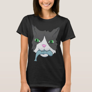 Comic-Katze hält stolz ihren blauen Fischfang T-Shirt