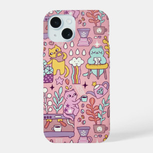 Comic-Katze Spaß auf Rosa iPhone 15 Hülle