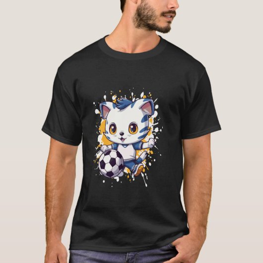 Comic Katze spielt Fußball T-Shirt (Vorderseite)