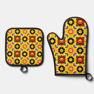 Comic lächelnde Blumen und Bienen Ofenhandschuh & Topflappen-Set
