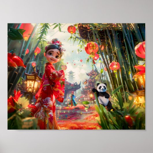 Comic-Mädchen im Bambuswald mit Panda Poster (Vorne)