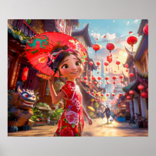 Comic-Mädchen mit Sonnenschirm in sonniger Szene Poster