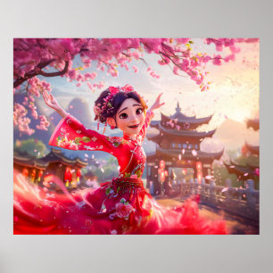 Comic-Mädchen tanzt mit Kirschblüten im März Poster