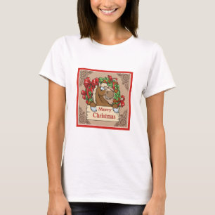 Comic-Pferd mit Kranz Frohe Weihnachten Schild T-Shirt
