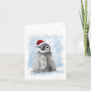 Comic-Pinguinküken mit Weihnachtsmannmütze Karte