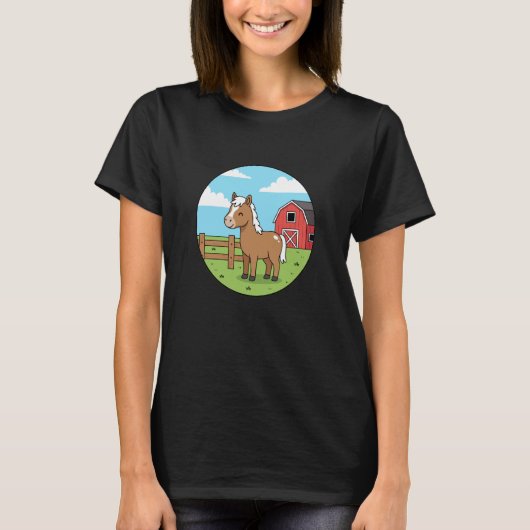Comic-Pony-Pferd mit roter Scheune für Kinder T-Shirt (Vorderseite)