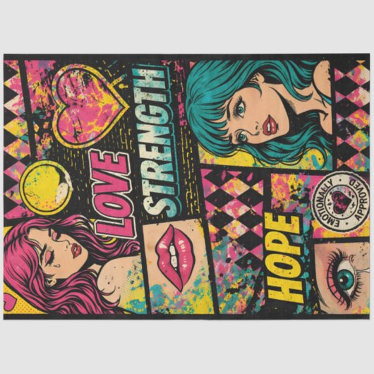 Comic Pop Art Decoupage Paper Love Strength Hope  Seidenpapier (Vorderseite)