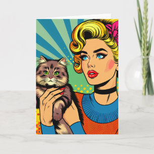 Comic Pop Art Frauen halten Katze Karte