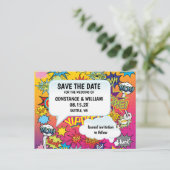 Comic Pop Art 💥 🎨 Hochzeit Graffiti Save the Dat Ankündigungspostkarte (Stehend Vorderseite)
