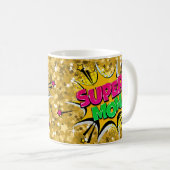 Comic Pop Art Lila Gelb Gelb SUPER MAMA Funny Kaffeetasse (VorderseiteRechts)