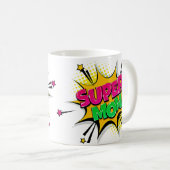 Comic Pop Art Lila Gelb Gelb SUPER MAMA Funny Kaffeetasse (VorderseiteRechts)