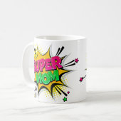 Comic Pop Art Lila Gelb Gelb SUPER MAMA Funny Kaffeetasse (Vorderseite Links)